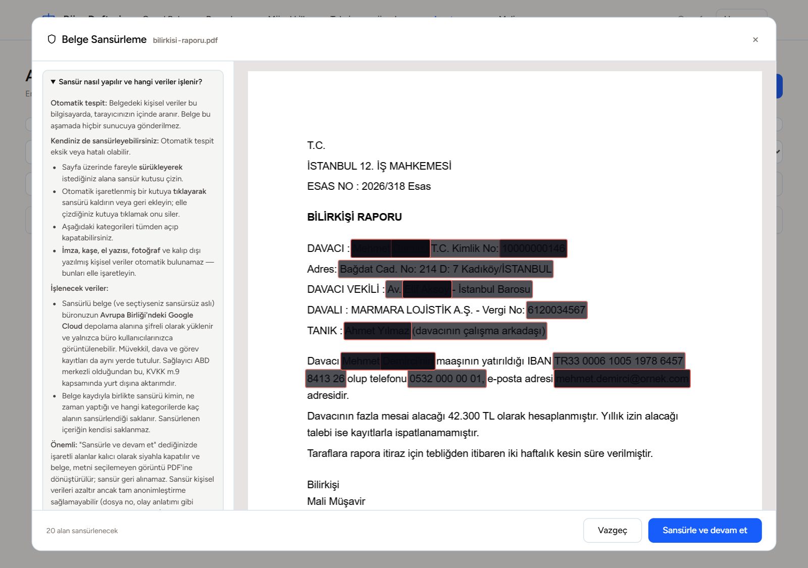Sansür ekranı: otomatik işaretlenmiş kişisel veriler